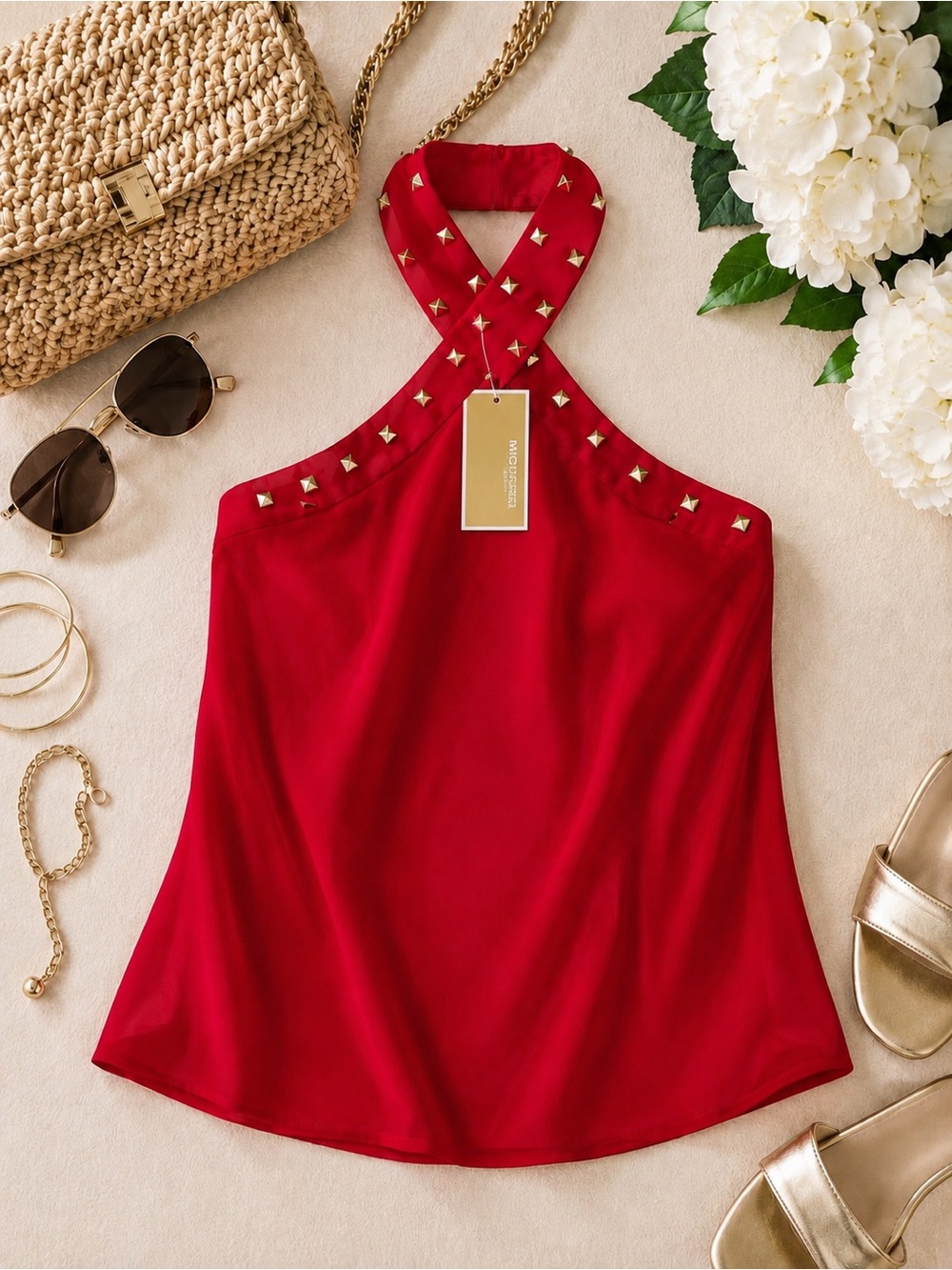 Michael Kors Red Studded Halter Top | Luxe Resort Chic Statement Blouse NWT - Picture 4 of 7